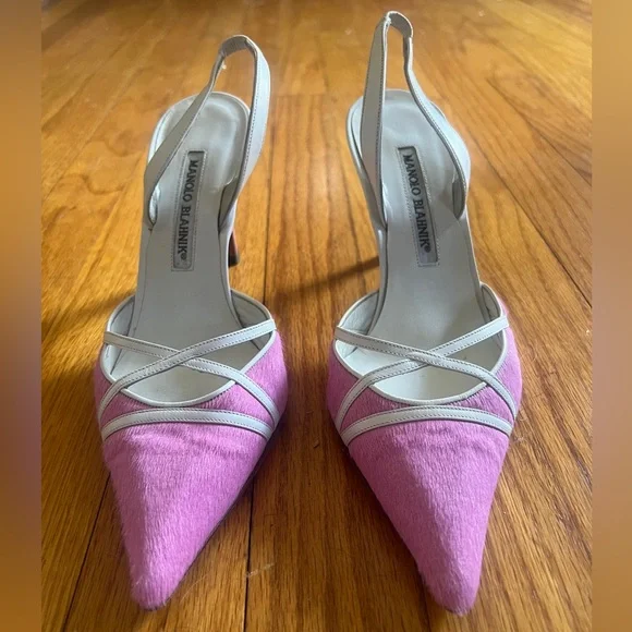 Manolo Blahnik Pink Pony Hair Slingback Heels Size 37 Kitten Heel - Picture 1 of 16